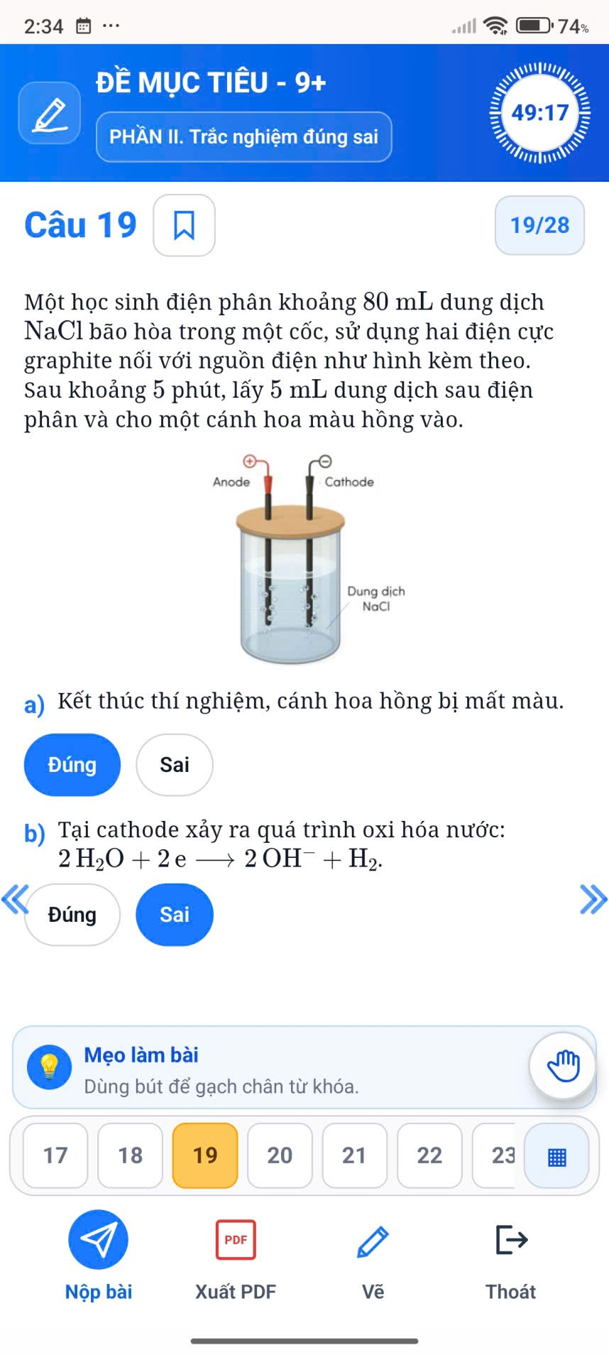 Màn hình luyện câu hỏi đúng sai môn Hóa