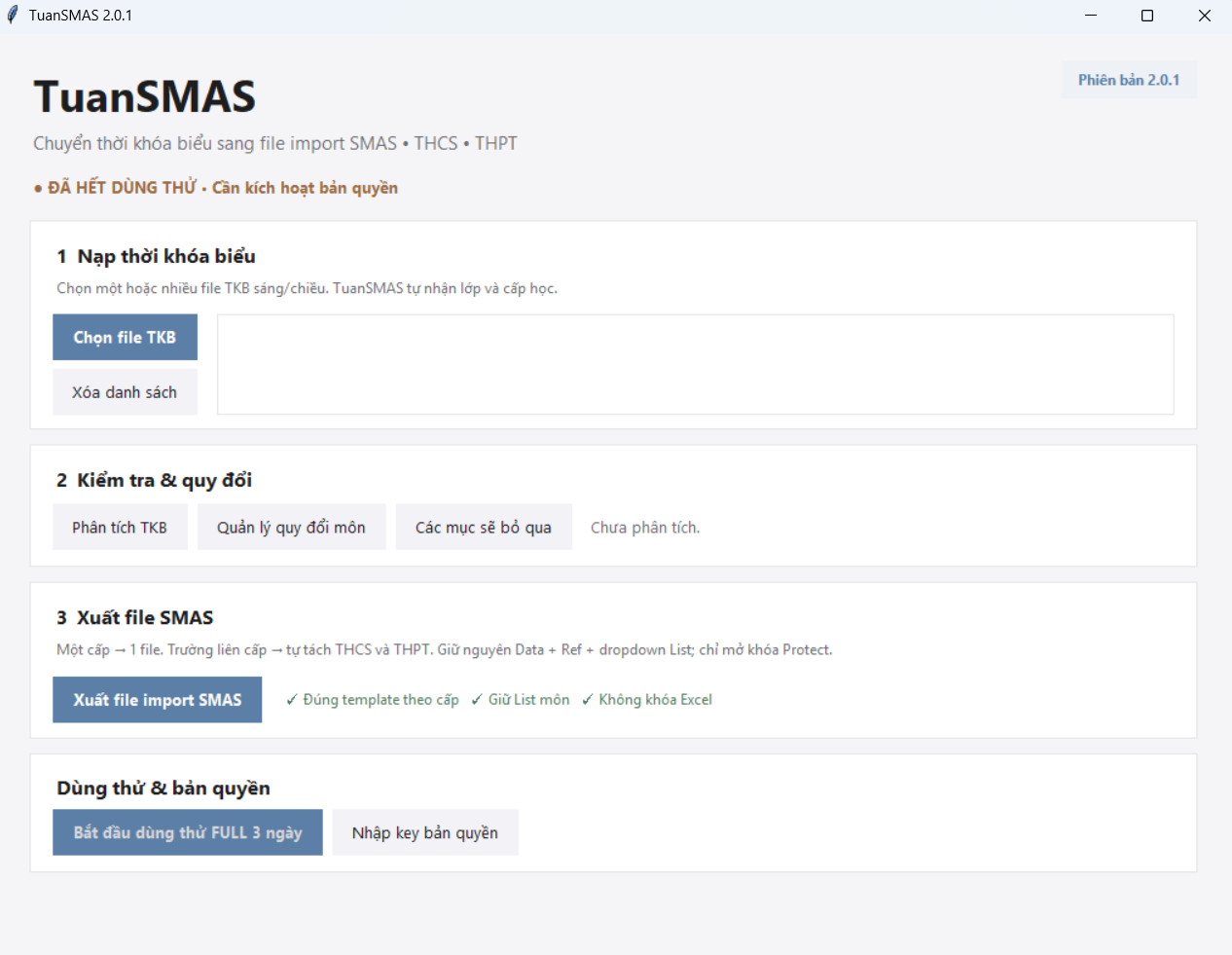 Giao diện phần mềm TuanSMAS 2.0.1